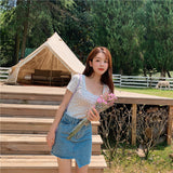 Toloer Floral Square Collar T-Shirt Female Summer 2023 New Korean Version Slim Slim Ins Fashionable Short-Sleeved