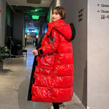 Bright Jacket Women Fashion Korean X-length Long Puffer Bomber Oversize Parka Plus Size Female Coat Basic Snow Wear Hood