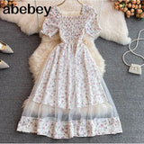 New Floral Summer Dress Women Vacation Casual Blackless Short Sleeve Slim Ladies French Style