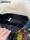Glitter Sequined Striped Skirts Women High Waist Split Hem Skirt Fashion Ladies Color Matching Party Club Mid Calf
