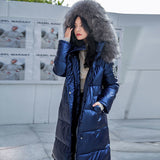 Women Winter Puffer Jacket Chic Big Fur Warm Ultra Light Long Coat Female Parka Hooded Glossy Jackets Oversized Plus
