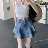 Vintage Denim Mini Skirt Ruffle Women Summer Korean Fashion Sexy High Waist Patchwork Jeans Skirt Casual