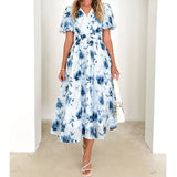 Spring Summer New Long Women's Bubble Sleeve High-End Print Sexy Style Women's Dress