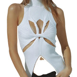 Toloer Irregular Sleeveless Hollow Out Kink Wool Woven Vest Women's Fashion Half High Collar Solid Color Crop Top-Outfit