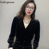 Blouses for Women V-neck Slim Fit Black Velvet Shirts 2023 Blusas Mujer De Moda Fashion Temperament Korean Blouse