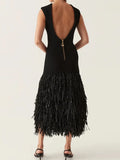 Photo-Round Neck Sleeveless Tassel Hem Dress 2024 Fashion Ladies Party Dress-Outfit