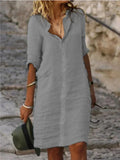 Ms.'S New Solid-Color Casual Casual Collar Single-D Row Buckle Sleeve Cotton Shirt Mid-Long Dress
