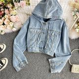 Toloer Celebrity Autumn New High Waist Short Hooded Denim Jacket Female Loose Show Thin Versatile Jacket Long Sleeve Jacket-Outfit