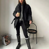 Casual Notched Parkas Women Fashion Tie Belt Solid Black Coats Women Elegant Single Breasted Cotton Jackets Female