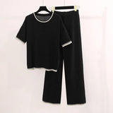 Simple Fashion Round-Neck Short-Sleeved Knitted Shirt High Waist Thin Trousers Pit Knitted Two-Piece