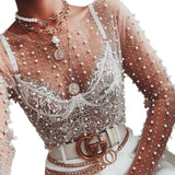 New Explosion Super Fairy Sexy Lace Jersey Bright Diamond Inside And Outside Wearing Mesh Long-Sleeved Top