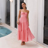 For Women's Clothing New 2026 Splicing Slings Long-Carbed Strap Large Swing Dress With