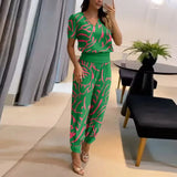 Trousers Suits 2023 New Women's Fashion Casual V-neck Printed Short Sleeve Tops And Pants Two Piece Set Woman