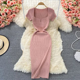 Thin Collar Knitted Dress Short Sleeve 2025 Summer New Temperament Sexy Hot Ass Long