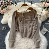 Korean Knitted Set Long Sleeve Casual Cardigan+Sexy Off Shoulder Slim Pearl Strap Tops Autumn Two Piece