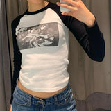 2024 Ins Internet Celebrity Personality Trend New Shoulder-To-Shoulder Abstract Long-Sleeved Head Printed T-Shirt Girl-Outfit