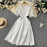 2022 Summer New Lace Embroidery Dress Women Short Sleeves Dresses Female Vintage Party Beach Maxi Long