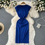 Women Korean Style Knitted Dress 2022 Summer O Neck Solid Short Sleeves Slim Ladies Sexy A Line Long