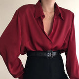 Women Button Blouses Turn Down Collar Shirts Office Lady Long Sleeve Casual Blouse Loose OL Shirt Baggy Tops Red/Wine Red /Black-Outfit
