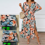 New Floral Print Dress Tight Belt V-Neck Short-Sleeved Dress