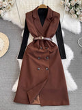 Socialite Commuter In Autumn And Winter Double-Breasted Sleeveless Suit Vest Dress Women's Two-Piece Vertical Collar Sweater-Outfit