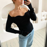 Long Sleeve Sweater 2021 Autumn Women Knit Ribbed Top Ladies Casual Knitted Tops Pullover Off-Shoulder Knitwear