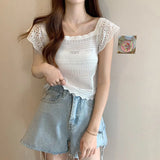 Edge French Style Collar Short Sleeve Small Knitted T-Shirt Girl Summer Sweet Niche Care Machine Short