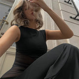 Black Mesh Spliced Design Short Sleeve Maxi Dress-Outfit