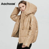 Aachoae Women Thick Warm PU Faux Leather Padded Coat 2021 Winter Zipper Hooded Jacket Parka Long Sleeve Pockets Outerwear