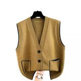 Clip Women's 2024 Spring And Autumn New Korean Version Of V-Collar Single-Breasted Loose Sleeveless Sweater Vest Feminine-Outfit