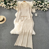 Early Spring Wearing A Lazy Knitting Suit Women's Design Hollow Top Dress Two Sets Of
