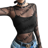 Toloer Letter Personality Print Perspective Sexy Mesh Long Sleeve T-Shirt Top Female-Outfit