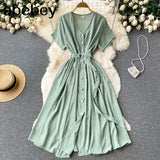 Vacation Chiffon Dresses For Women 2022 Pleated Long Dress Solid Color Temperament V-neck Maxi Bohemia Dress Robe