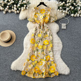 High-End Elegant Heavy Industry Flower Embroidery Round Collar Lantern Sleeves To Close The Waist Slim Slimmed Fishtail Dress
