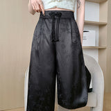 New Chinese Style Jacquard Tray Buckle Satin Casual Pants Female 2024 Spring National Wind High Waist Hanging Feeling Straight Tube Wide Leg Pants-Outfit