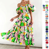 Summer New Bubble Sleeve Holiday Show Skinny Dress Babes High-Waisted Shoulder-Print Dress Dress