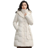 Over The Knee Cotton Clothes In The Long Winter New Fashion Waist Belt Show Thin Warm Coat Temperament Solid Color Cold Clothing-Outfit