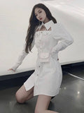 Casual Black Dress For Women Lapel Long Sleeve High Waist Cut Out Solid Mini Dresses Female Fashion Clothing