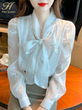 Han Queen Autumn Puff Sleeve Office Blusas Lace-Up Bow Vintage Embroidery Tops Chiffon Blouses Women Long Sleeve Casual Shirts-Outfit