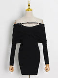 Patchwork Kink Dresses For Female Slash Neck Long Sleeve High Waist Slimming Solid Color Women's Dress New