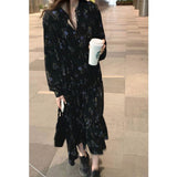 Toloer Wind V Collar Black Long Sleeve Floral Dress Female Summer Feeling Small Loose Bottom Long Skirt-Outfit