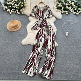 Mature Two Sets Of Women's Summer Dress Design Cross-Round Neckline Short-Sleeved Print Top High-Waisted Casual Broad-Legged