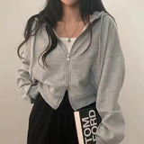 Solid Color Oversized Crop Zip Up Hoodie-Outfit
