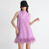 Toloer Design Sense Solid Color A-Line Skirt 2024 Spring Round Collar Sleeveless Hem Ostrich Hair Decoration Loose Dress-Outfit