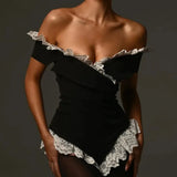 Black Lace Trim Off -Shoulder Bodysuit-Outfit