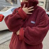 Deeptown White Fleece Jackets Solid Color Coat Long Sleeve Zip Up Coats Korean Style 2021 Oversized Lambswoo Reversible