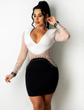 Winter Sexy Black and White Contrast Beaded V-neck Long Sleeve Bodycon Club