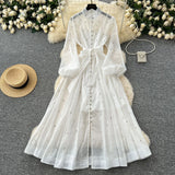 Standing Collar Nails Drilled Full Of Star Buckle Lantern Sleeves Tied With Waist Temperament Dress Famous Party Dress