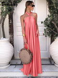 Party Long Dress Loose Backless Sleeveless Summer Long Dress A Line Laceup Halter Neck Sexy Silk Dresses Women Solid-Outfit