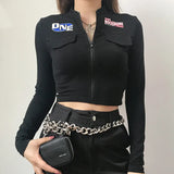 Sweetown Black Moto & Biker Cropped Jackets Coats Streetwear Zipper Stand Collar Print Long Sleeve Jacket Women Autumn